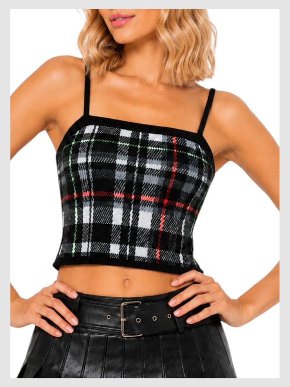Alice + Olivia Alison Plaid Knit Crop Tank Black Red XS